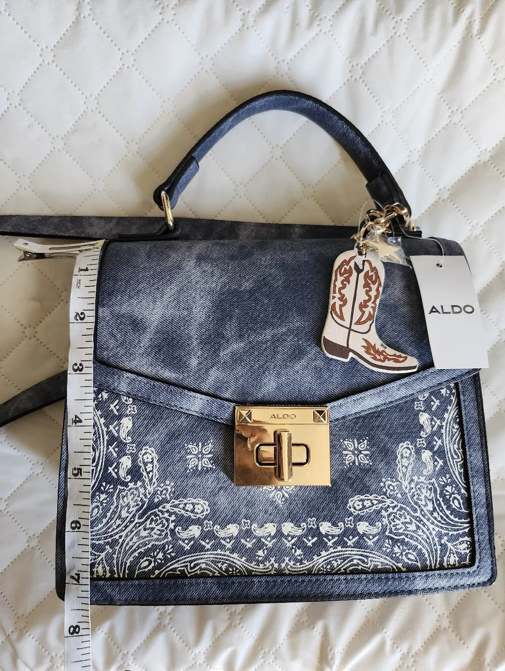 ALDO Pattern Blue Top-Handle Satchel with Gold Hardware